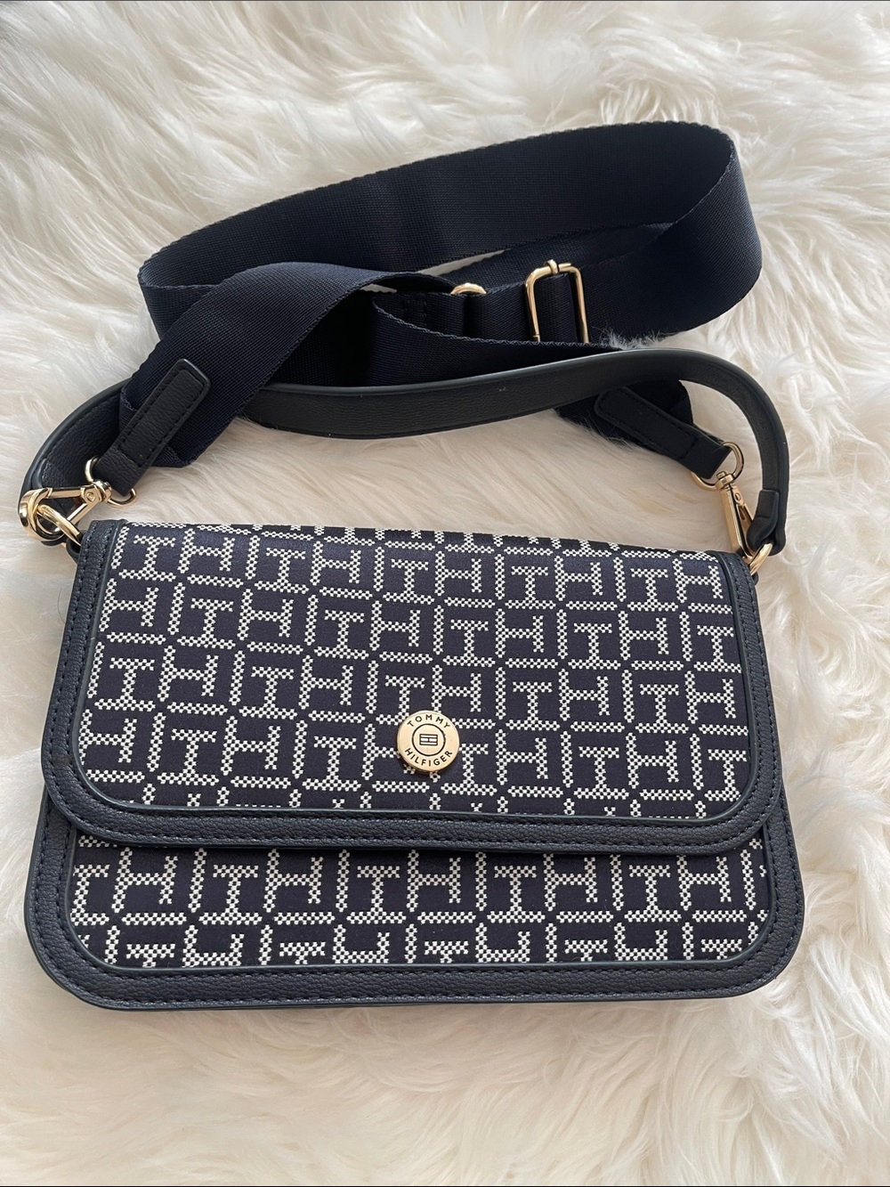 Tommy Hilfiger Navy and White Monogram Crossbody Bag/ Gold accents